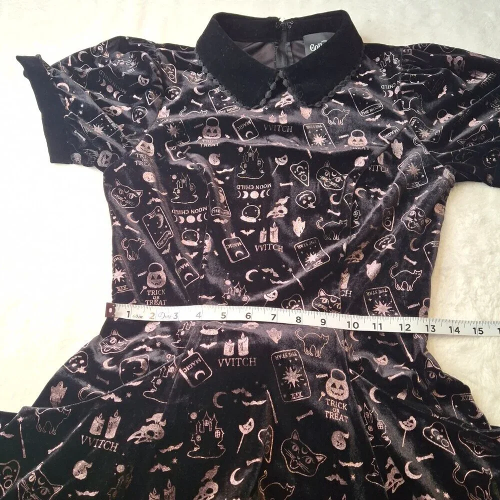 Collectif London Halloween Skater Dress Midi Sz S Velvet Novelty Print Pockets - Picture 12 of 16